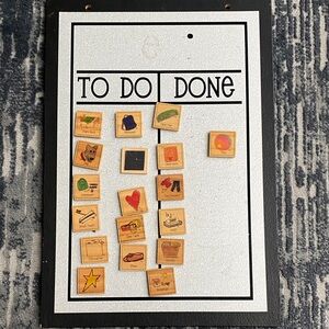 Magnetic To-Do/Done Kids Chore Board - Black & White with Wooden Icon Magnets
